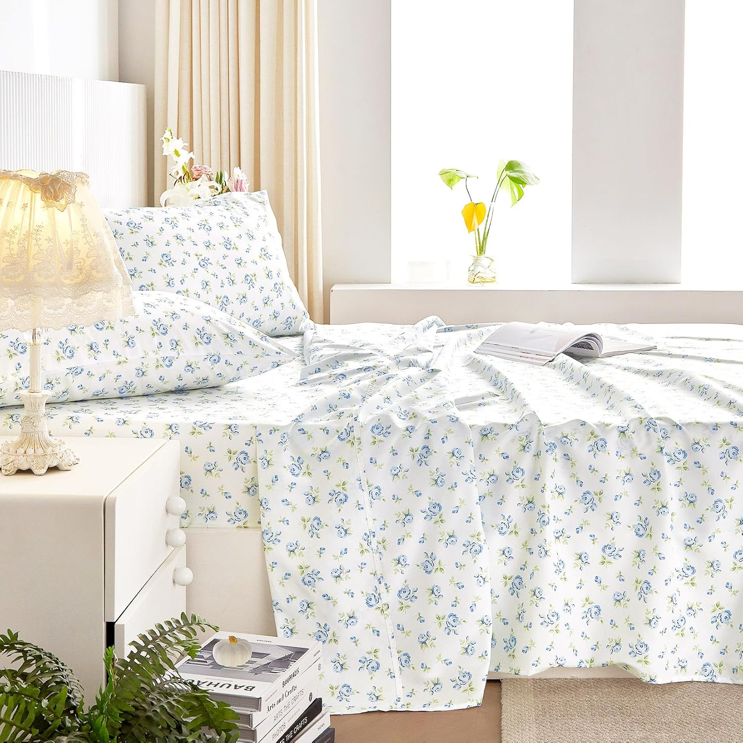 MISSING SHEETS FITTED AND TOP Wake In Cloud - Floral Bed Sheets, 4-Piece Sheet Set, Shabby Chic Flower Rose Pattern Printed Coquette Cottagecore Vintage Aesthetic Bedding, Deep Pocket, White Blue, Full Size